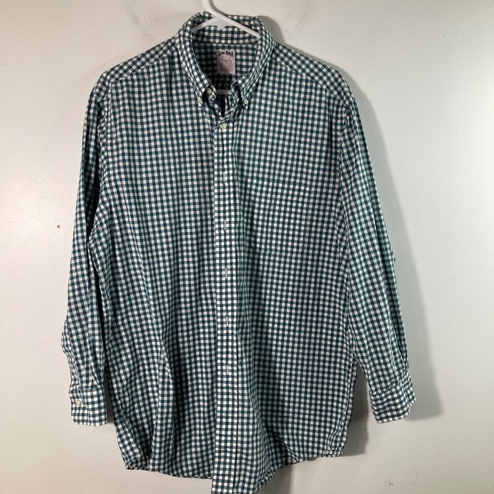 Mens Brooks Brothers Gingham Button Shirt Green White Cotton 16 1/2 Long Sleeve